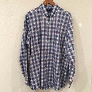 Ralph Lauren Men XXL Dress Shirt Blue Plaid Button Up Embroidered 100% Cotton